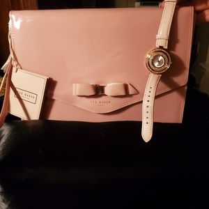 Ted Baker reversible pink leather &  Swarvoski Crystal Watch And Clutch